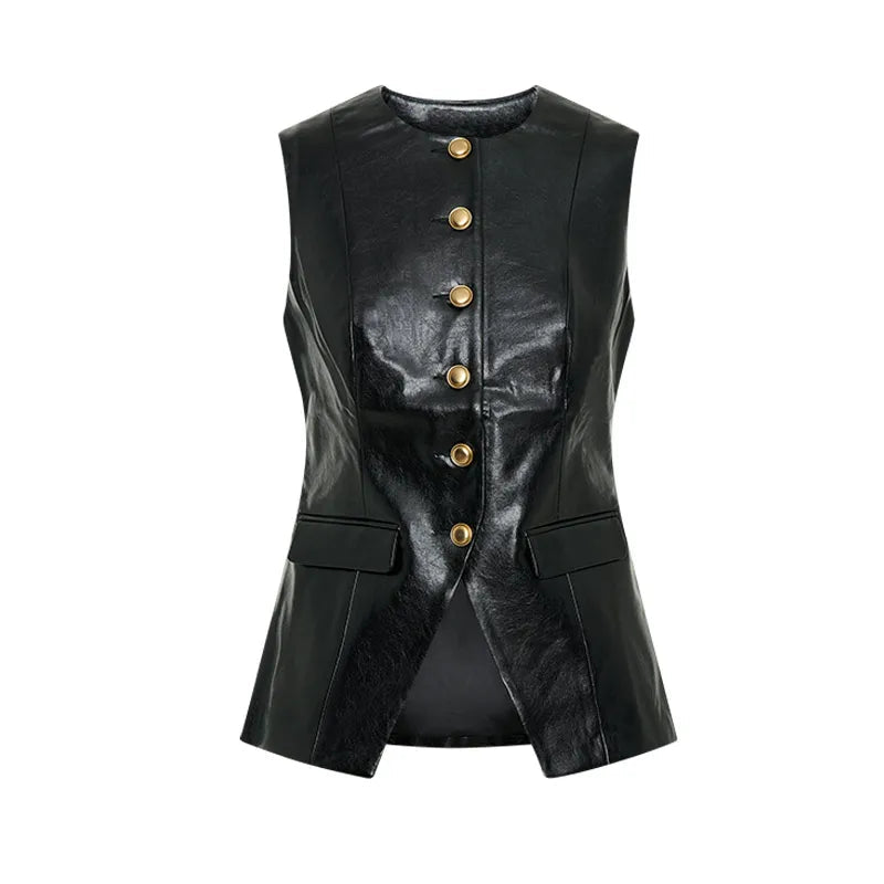 Aiertu  Fashion Leather Mini Skirt Sets Women Sleeveless Button Vest Jacket Hip Package Short Skirt Suits 2025 Female Motorcycle Outfits Aiertu