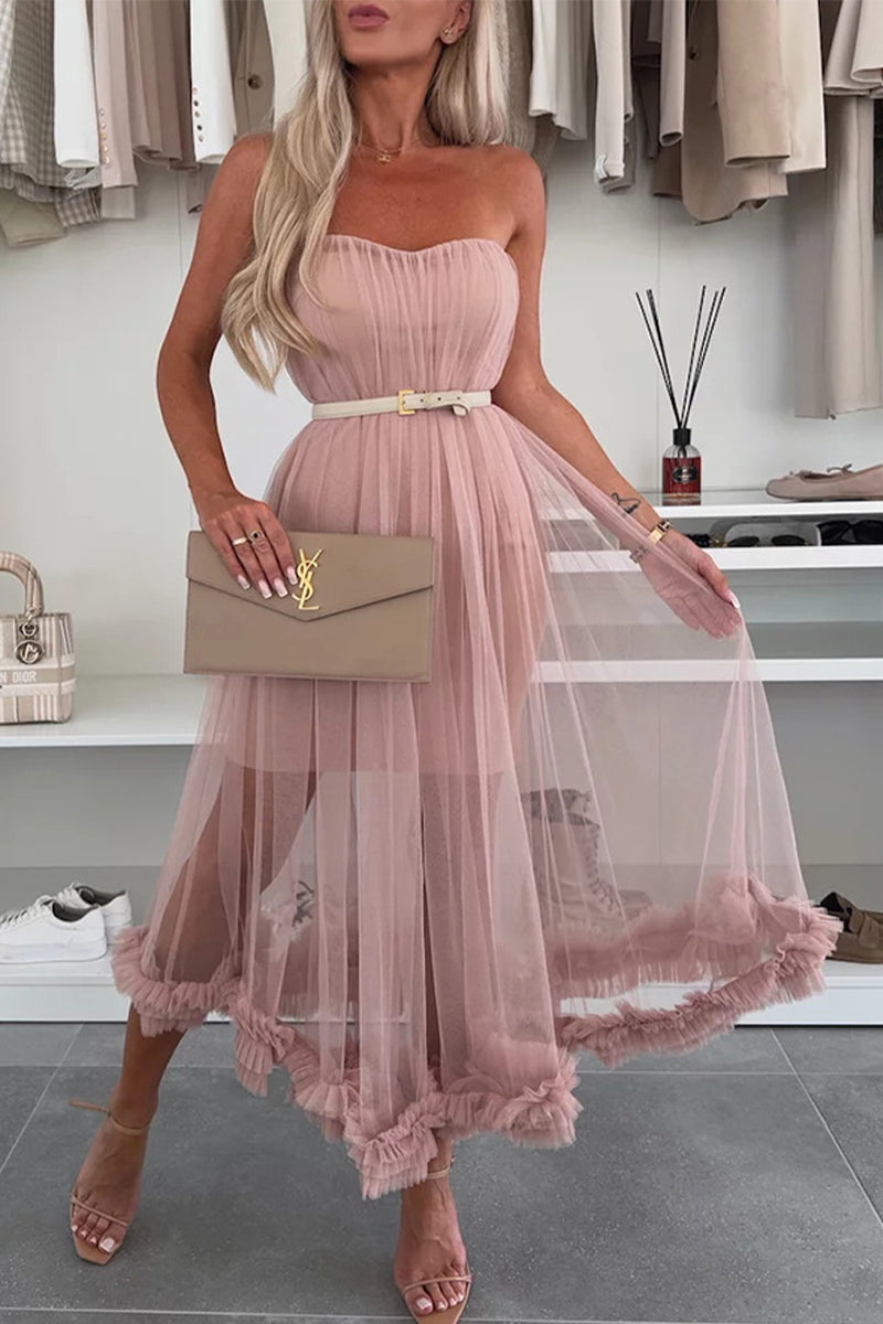 Aiertu  -Casual Solid Color Without Belt Mesh Strapless Mesh Dresses(No belt) aiertu
