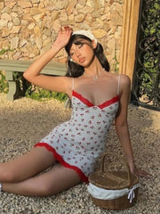 Aiertu  -  Y2K Cherry Printed Lace Patchwork Short Dresses for Women Casual Sexy V-neck Sleeveless Backless Slim Beach Vacation Dress White Aiertu