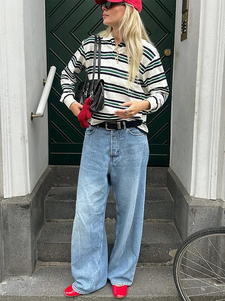 Aiertu  -  Vintage Stripe Basic Women's T-shirt Casual Long Sleeve Female All Match Polo Shirt Spring New Ladies Loose Tops High Street Aiertu