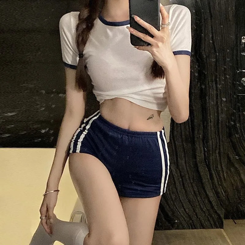Aiertu  Hot Girl Sexy Suit Women's Summer O-neck Short-sleeved T-shirt High-waisted Shorts Two-piece Set Fashion Female Clothes Aiertu