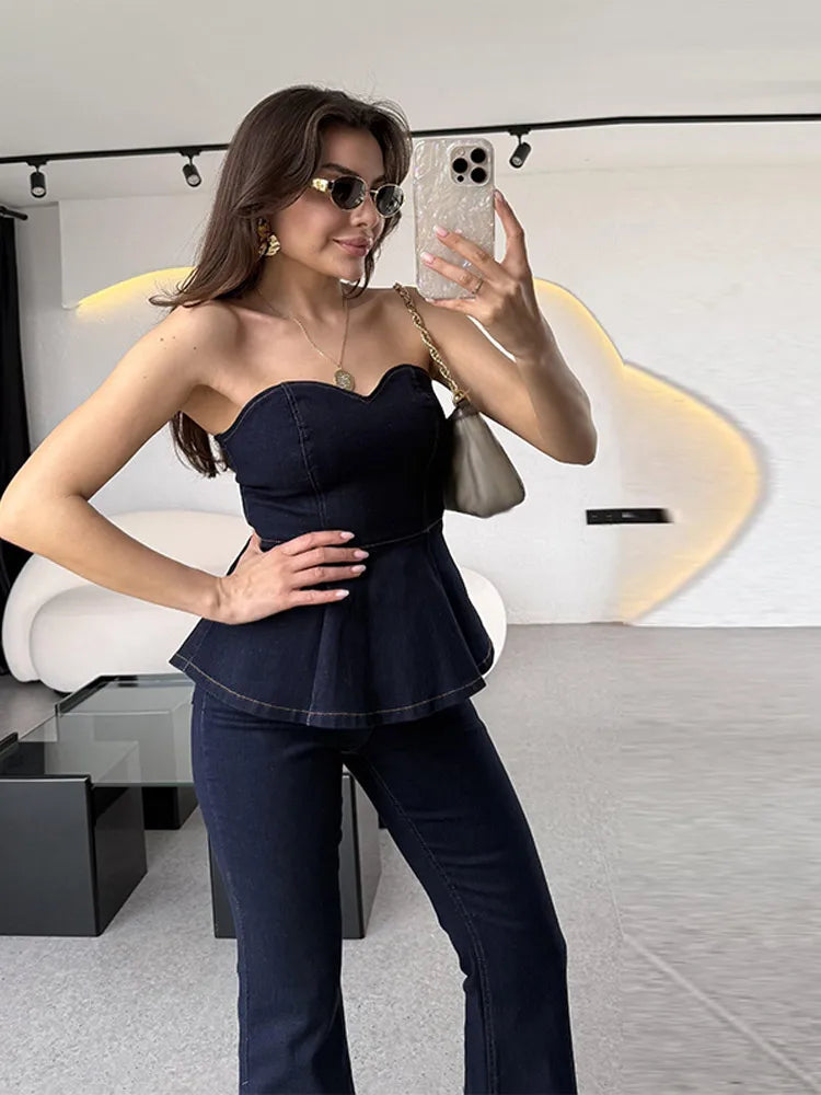 Aiertu  -  Fashion Denim Tank Jeans Set Women Strapless Sleeveless Ruffle Crop Tanks High Waist Flare Pants Female Sets 2025 Spring Summer Aiertu