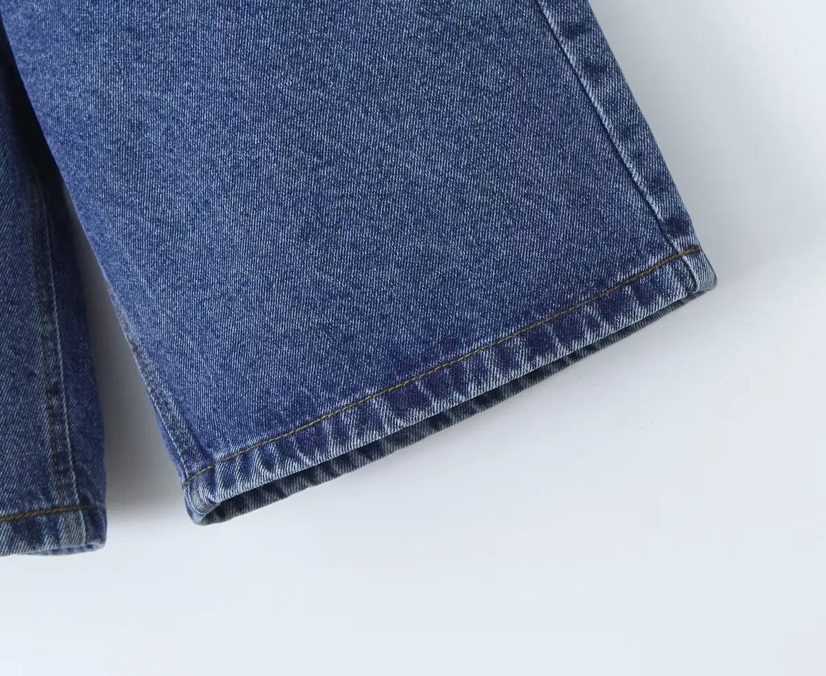 Aiertu  -  European and American style blue straight denim shorts women's summer high waist slim five-point wide-leg pants Aiertu