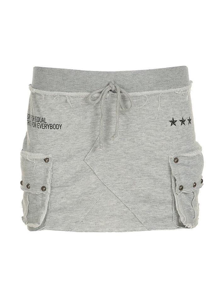 Aiertu  Studded Letter Print Pocket Mini Skirt Aiertu
