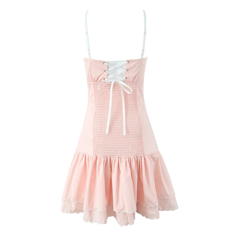 Aiertu  -  Sexy Sweet Women Floral Embroidery Spaghetti Straps Dress Fashion High Waist A-line Mini Summer Dresses Female Lace Up Robe Aiertu