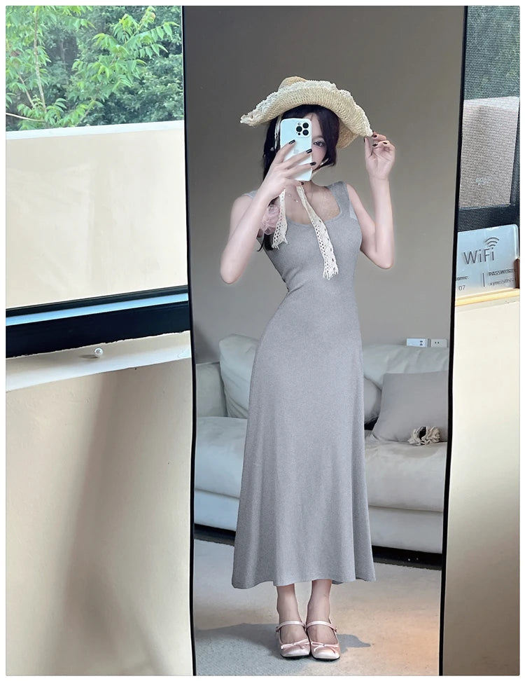 Aiertu  -  Spice Girl Sexy Strap Dress Women's Summer Sleeveless Slim A-line Solid Color Long Dress Fashion Female Clothes Aiertu