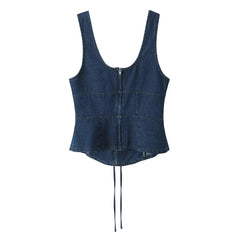 Aiertu  -  Sexy Square Collar Blue Denim Camis Sexy Corset Women Front Cross Lacing up Bandage Bow Tank Tops Back Zipper Slim Crop Top Aiertu