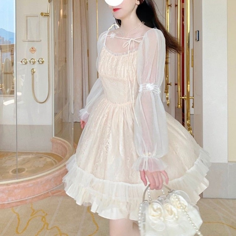 Aiertu  Lolita Kawaii Dress Women Casual Long Sleeve Vintage Y2k Mini Dress Female Japanese Style One Piece Dress Korean Autumn Aiertu