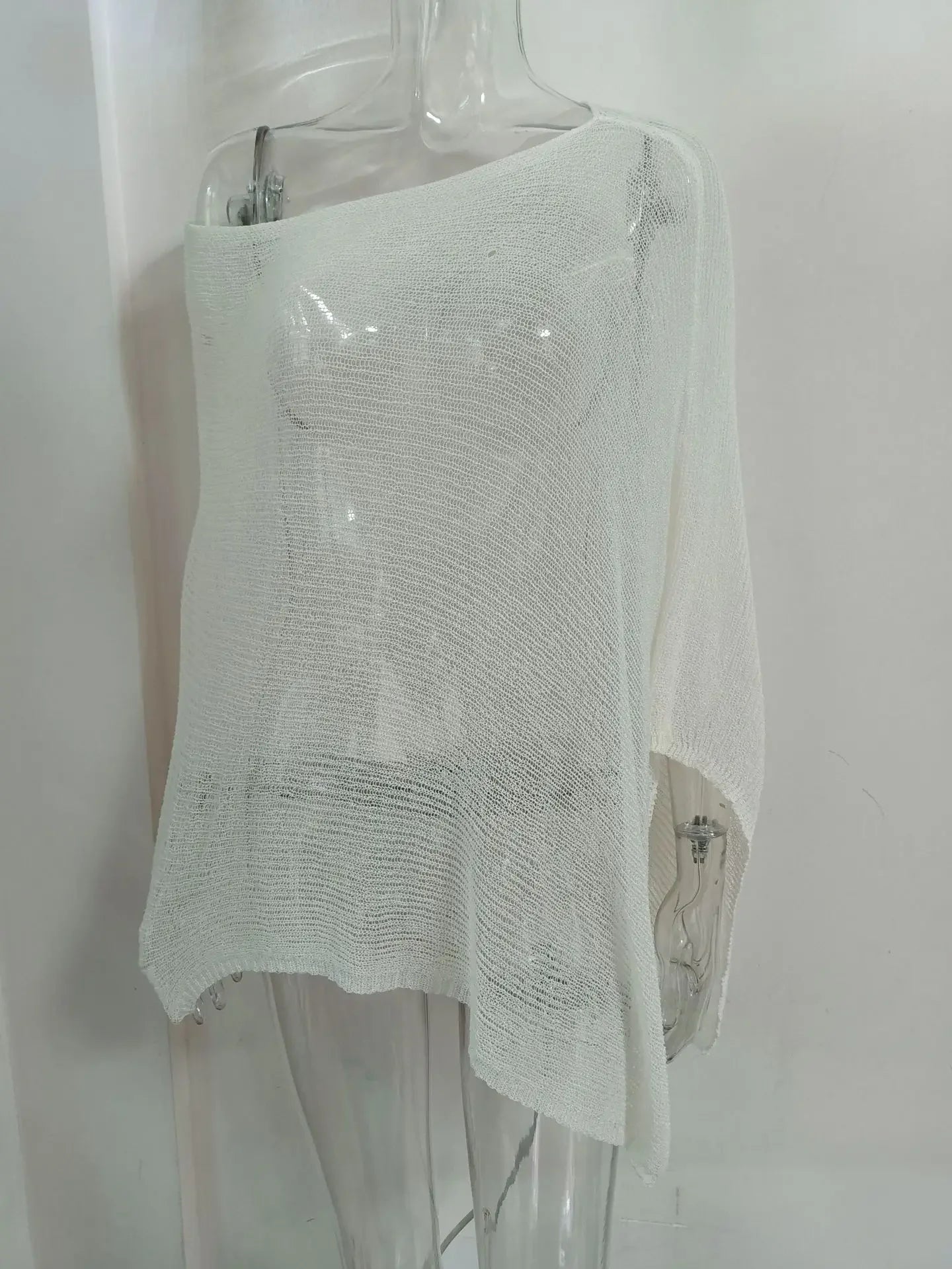 Aiertu  -  Thin See Through Irregular Knit Cover Ups Crop Tops Women Sexy Inclined Shoulder Summer Holiday Beach Smock Pullover Shawl Tees Aiertu