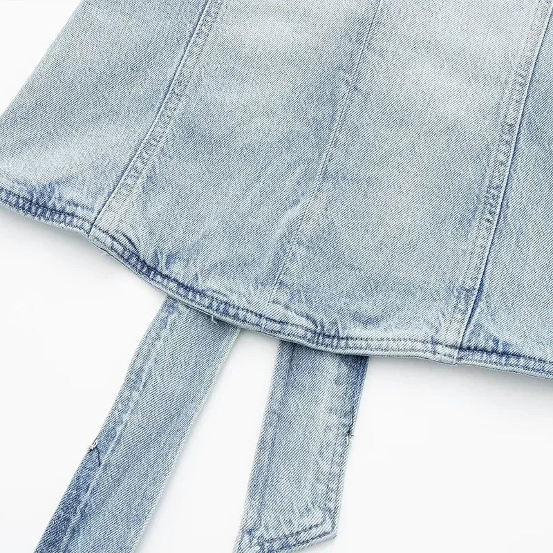 Aiertu  -  Sexy Denim Backless Lace Up Vest Women Slim O-neck Sleeveless Spliced Female Waistcoat Summer Lady Chic Casual Streetwear Aiertu