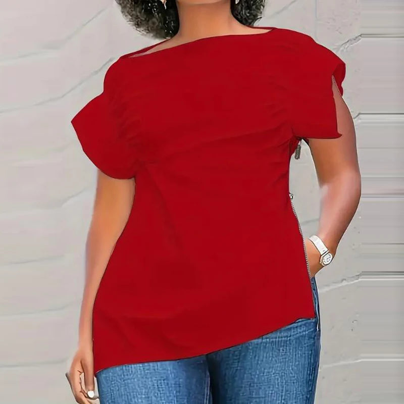 Aiertu  -  Spring Sexy Side Split Zip Hollow Blouse Women Casual Slash Neck Draped Top Pullover Summer Short Sleeve Solid Streetwear Shirts Aiertu