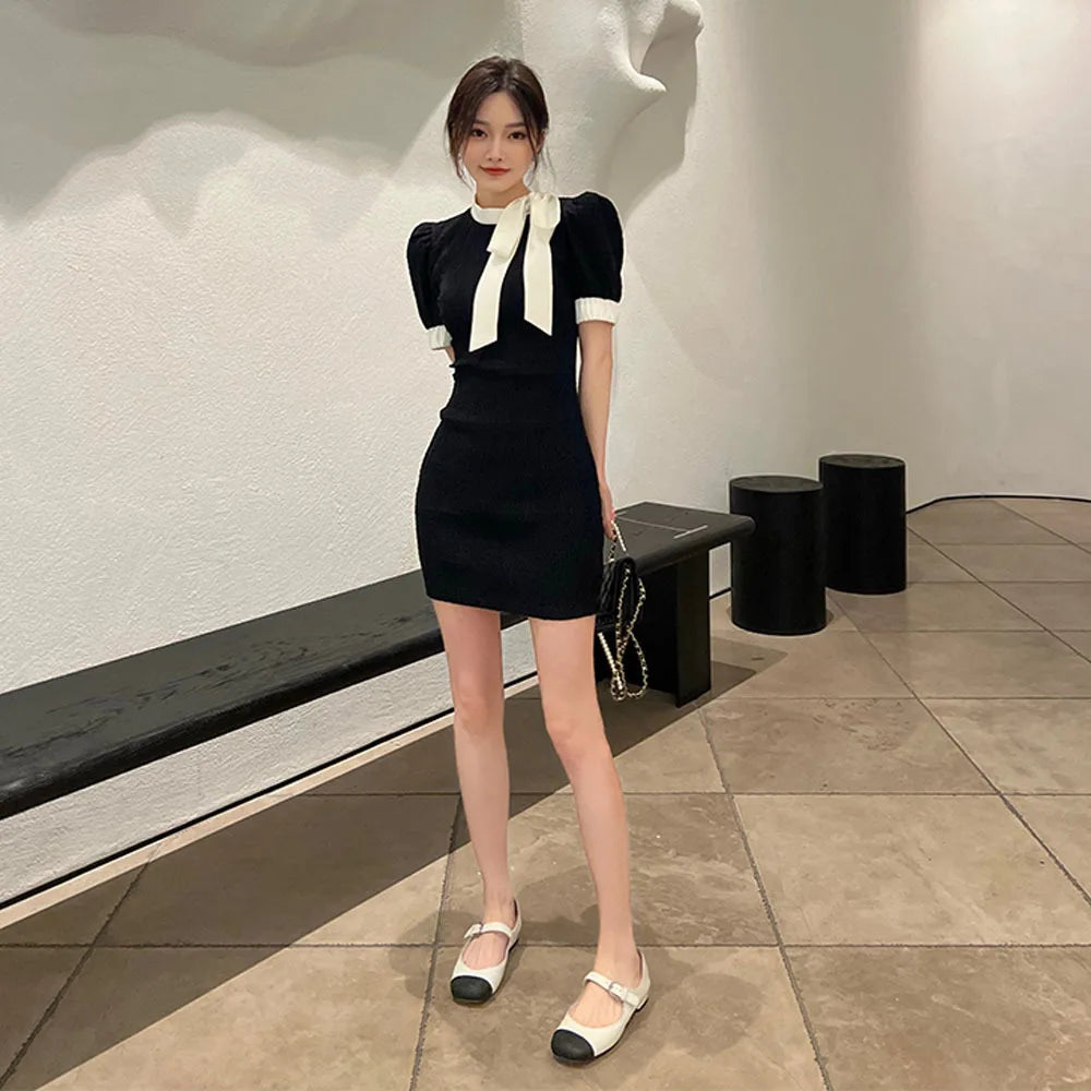 Aiertu  -  High-end Black White Splice Elegant Waist Dress Women Summer Pack Hip Short Office Ladies Dresses Casual O-neck Mini Dress Aiertu