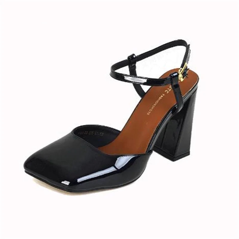 Aiertu  -  Rhinestone Shoes for Womens Square Toes Chunky High Heels Buckle Ladies Patent Leather Solid Tacones Ankle Strap Chassure Femme Aiertu