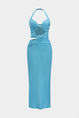 Aiertu  -  Halter Neck Asymmetrical Twist Knot Ruched Sleeveless Slit Maxi Dress Aiertu