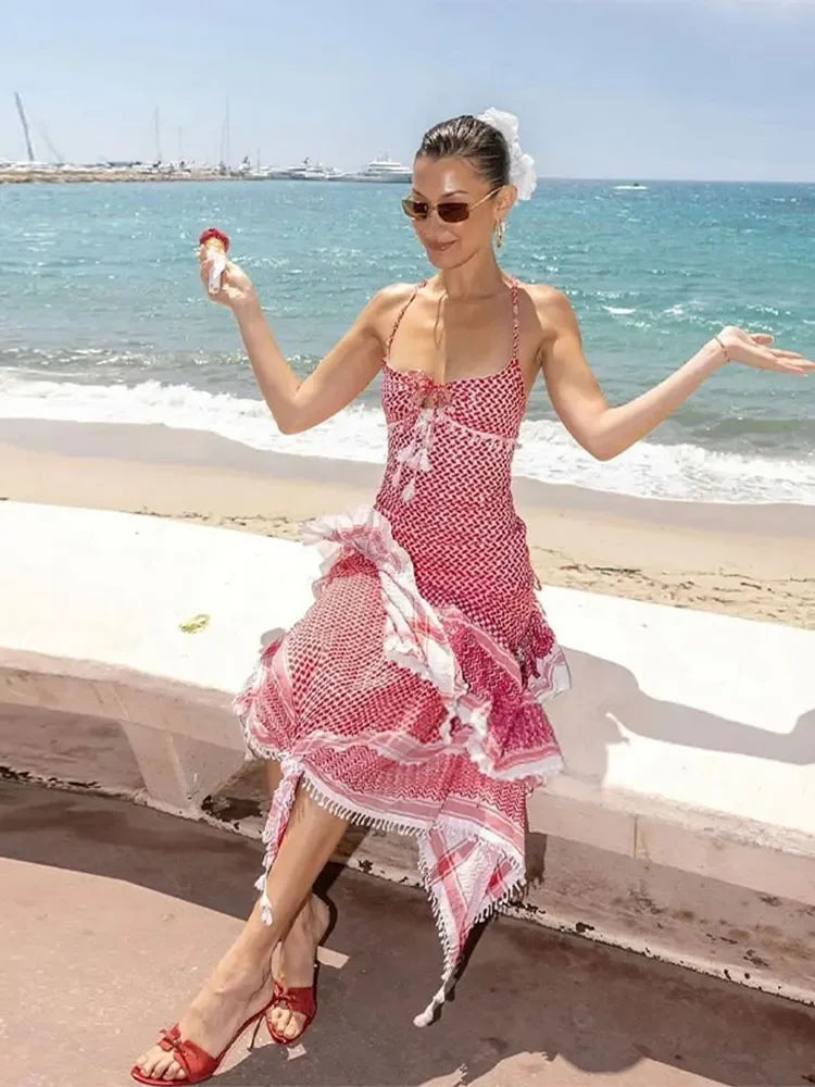 Aiertu  -  Woman Sweet Red Plaid Tassels Sling Ruffles Dress Sexy Backless Lace Up Sleeveless Slim Dresses Chic Lady Vacation Party Gowns Aiertu