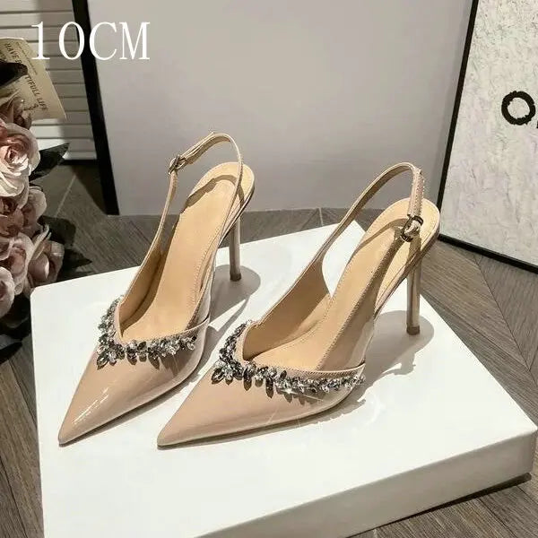 Aiertu  -  Burgundy Diamond-Studded High-Heeled Shoes Women'S Pointy Patent Leather Sexy French Single Shoe Slim Heel Sandals Wedding Pumps Aiertu