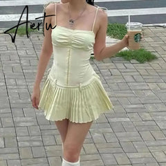 90s Vintage Elegant Corset Mini Dress Fairy Cottage Spaghetti Strap Slim Fit Pleated Skirt Y2K Aesthetic Chic Women Streetwear Aiertu