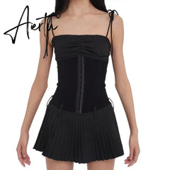 90s Vintage Elegant Corset Mini Dress Fairy Cottage Spaghetti Strap Slim Fit Pleated Skirt Y2K Aesthetic Chic Women Streetwear Aiertu