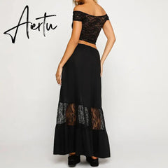 90s Vintage Floral Lace Sheer Crop Tops + Long Skirt 2 Piece Matching Set Fiary Grunge Off Shoulder T-shirt Y2K Streetwear Aiertu