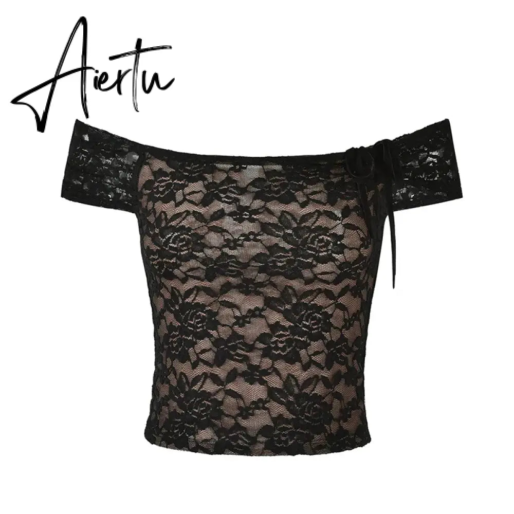 90s Vintage Floral Lace Sheer Crop Tops + Long Skirt 2 Piece Matching Set Fiary Grunge Off Shoulder T-shirt Y2K Streetwear Aiertu