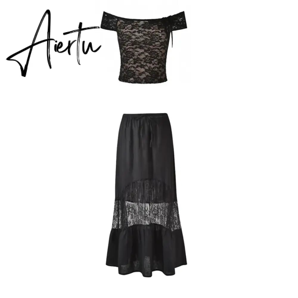 90s Vintage Floral Lace Sheer Crop Tops + Long Skirt 2 Piece Matching Set Fiary Grunge Off Shoulder T-shirt Y2K Streetwear Aiertu