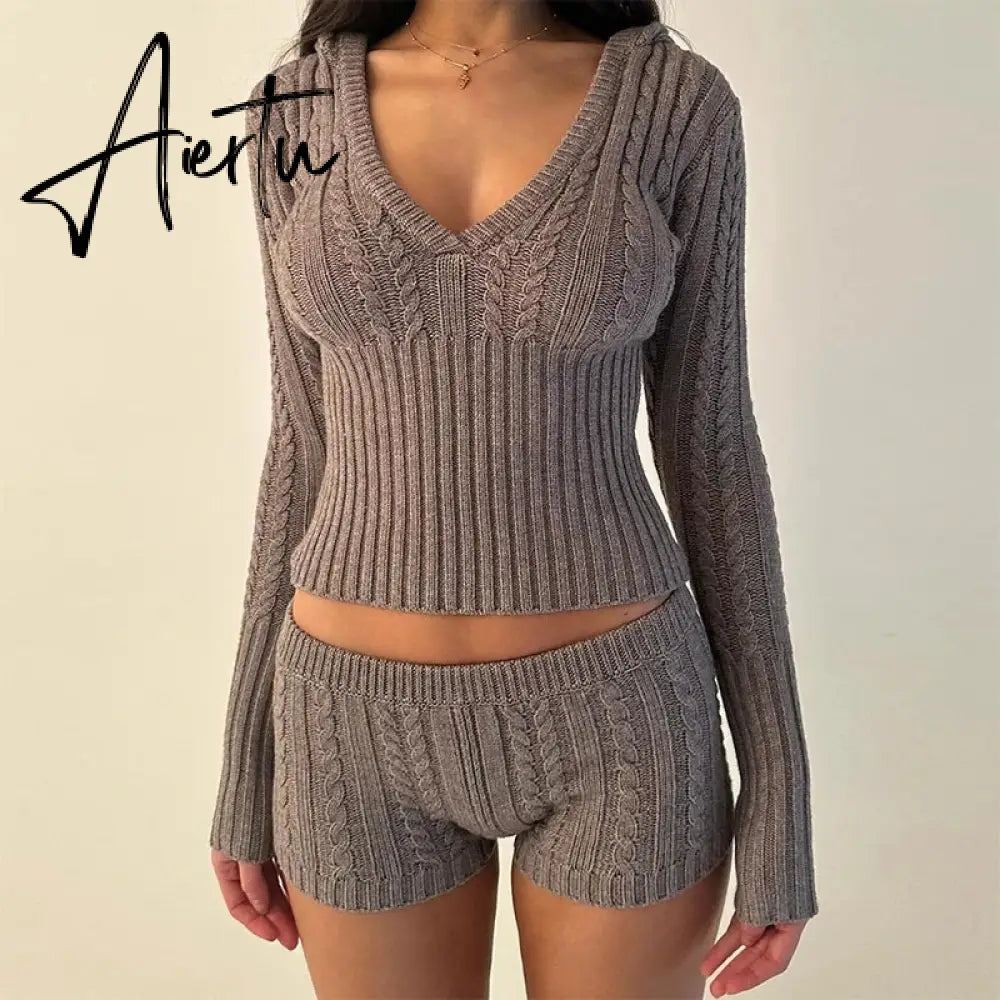 90s Vintage Zipper Cardigans Hooded Outfits Cottage Kink Knitted 2 Piece Set Women Cropped Sweater Pullovers  + Slim Fit Shorts Aiertu