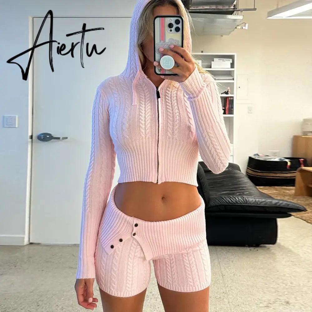 90s Vintage Zipper Cardigans Hooded Outfits Cottage Kink Knitted 2 Piece Set Women Cropped Sweater Pullovers  + Slim Fit Shorts Aiertu