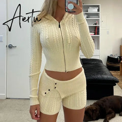 90s Vintage Zipper Cardigans Hooded Outfits Cottage Kink Knitted 2 Piece Set Women Cropped Sweater Pullovers  + Slim Fit Shorts Aiertu