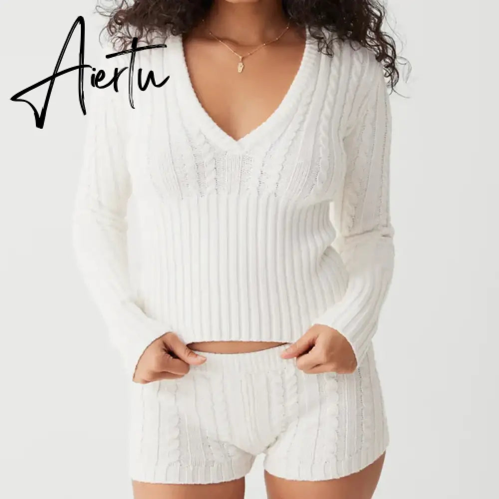90s Vintage Zipper Cardigans Hooded Outfits Cottage Kink Knitted 2 Piece Set Women Cropped Sweater Pullovers  + Slim Fit Shorts Aiertu
