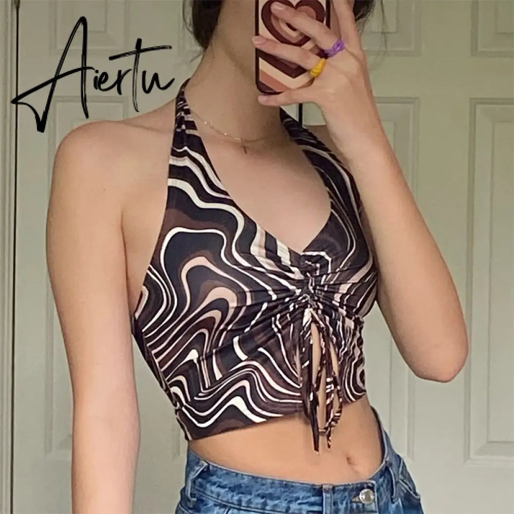 90s Y2K Brown Cami Tanks Ruched Tie Up Crop Top Women New Harajuku Cute Backless Tank Tops Sexy Halter Party Beachwear Aiertu