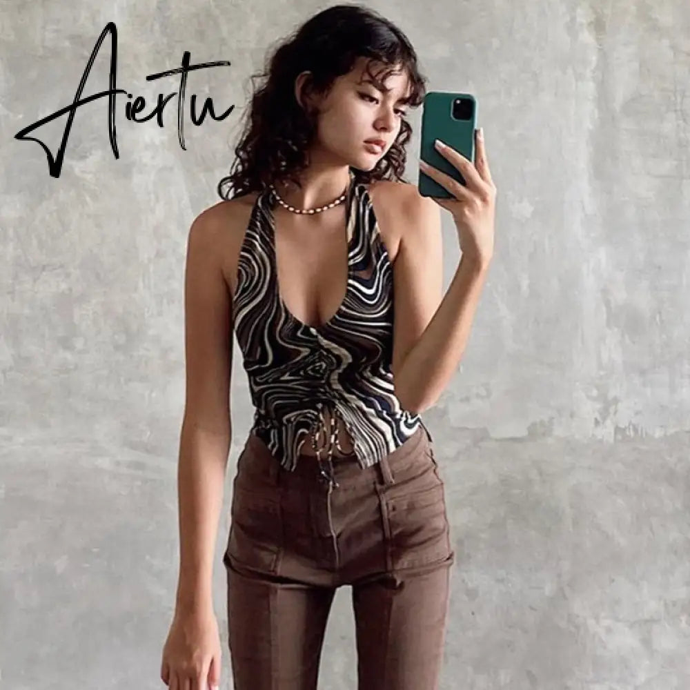 90s Y2K Brown Cami Tanks Ruched Tie Up Crop Top Women New Harajuku Cute Backless Tank Tops Sexy Halter Party Beachwear Aiertu