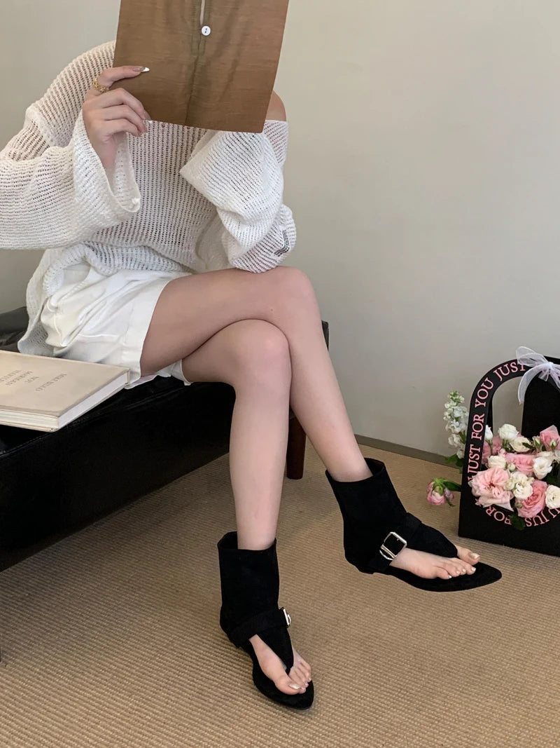 Aiertu    -  White Sandals Woman Thong Low Heels Ankle Boots Summer Ladies Shoes Punk Black Sandals Brown Flip Flops Sandales Femmes Aiertu