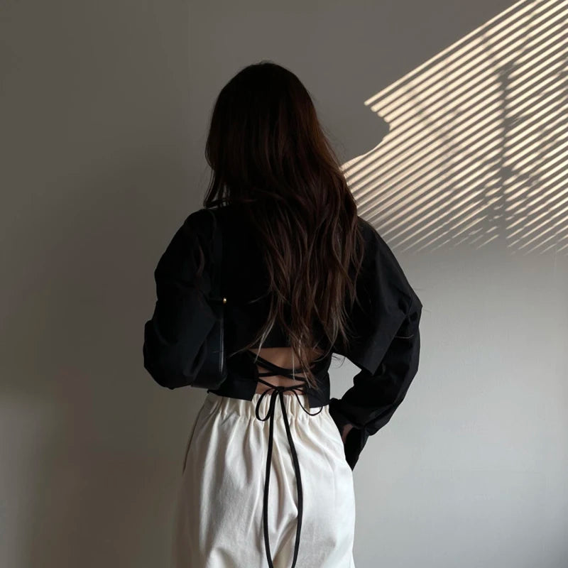 Aiertu Korean Long Sleeve Shirt Women Sexy Strap Backless Chic Blouse Office Lady Slim Lace Up Turn Down Collar Casual Top Aiertu