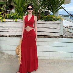 Aiertu  -  Sexy Pleated 2 Piece Suit Women Halter Backless Lace Up Tank Slim Hip Package Long Skirt Female Set Spring Summer Lady Sets Aiertu