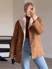 Aiertu  -  Fashion Solid Lapel Women Jacket Lamb Wool Full Sleeve Lady Coat Autumn Winter Warm Thicken Vintage Loose Female Outwear Aiertu