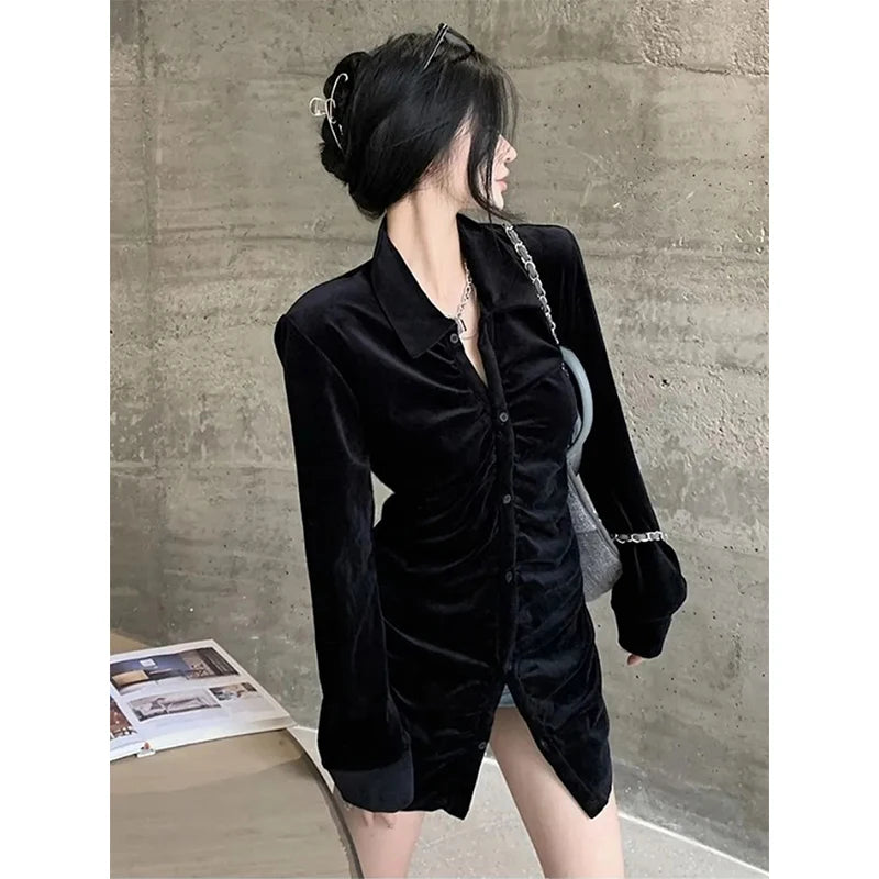 Aiertu Vintage Shirts Women Black Velvet Pleated Blouses Korean Elegant Folds Turn Down Collar Long Sleeve Slim Chic Casual Tops Aiertu