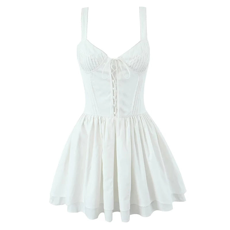 Aiertu  -  2025 Women Front Lace Up Sling Mini Dress Summer Cotton A-line Slim Holiday Dresses Yellow White Robe Aiertu