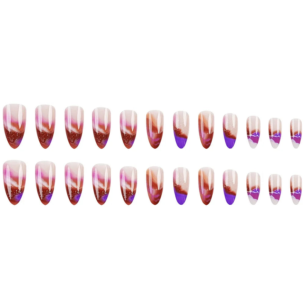 Aiertu  -  24PCS Glitter Almond False Nail Tips with Nebula Blurred French Press on Nail Full Cover Acrylic Wearable Simple Fake Nail Patch Aiertu