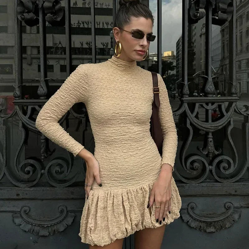 Aiertu  -  Slim Textured Bud Mini Dress Female Fashion Half High Collar Long Sleeve Splice Folds Dresses Women's Club Party Outfits Aiertu