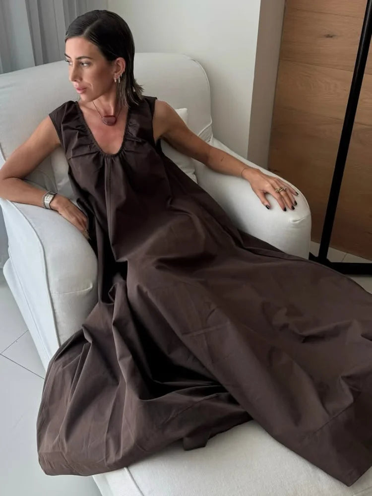 Aiertu  -  Sleeveless Summer Cotton Lined Long Dress Women Elegant V-neck Pleated Solid Loose Dresses Holiday Casual Evening Lady Vestidos Aiertu