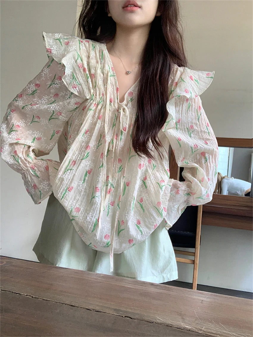 Aiertu  -  Autumn Chic Sweet Blouses Women Printed Full Sleeve New V-Neck Slim Loose Daily Elegant Office Lady Florals Aiertu