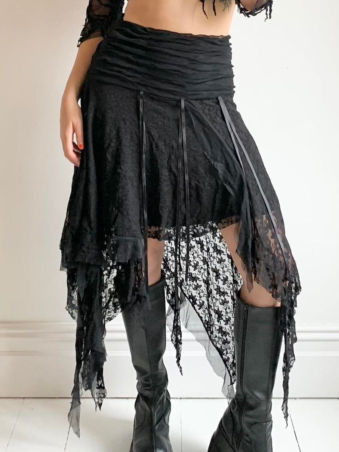 Aiertu - summer inspo Black Solid Goth Lace Midi Skirts Womens Asymmetrical Hem Chic Fashion Vacation Boho Outfits Aiertu