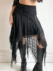 Aiertu - summer inspo Black Solid Goth Lace Midi Skirts Womens Asymmetrical Hem Chic Fashion Vacation Boho Outfits Aiertu