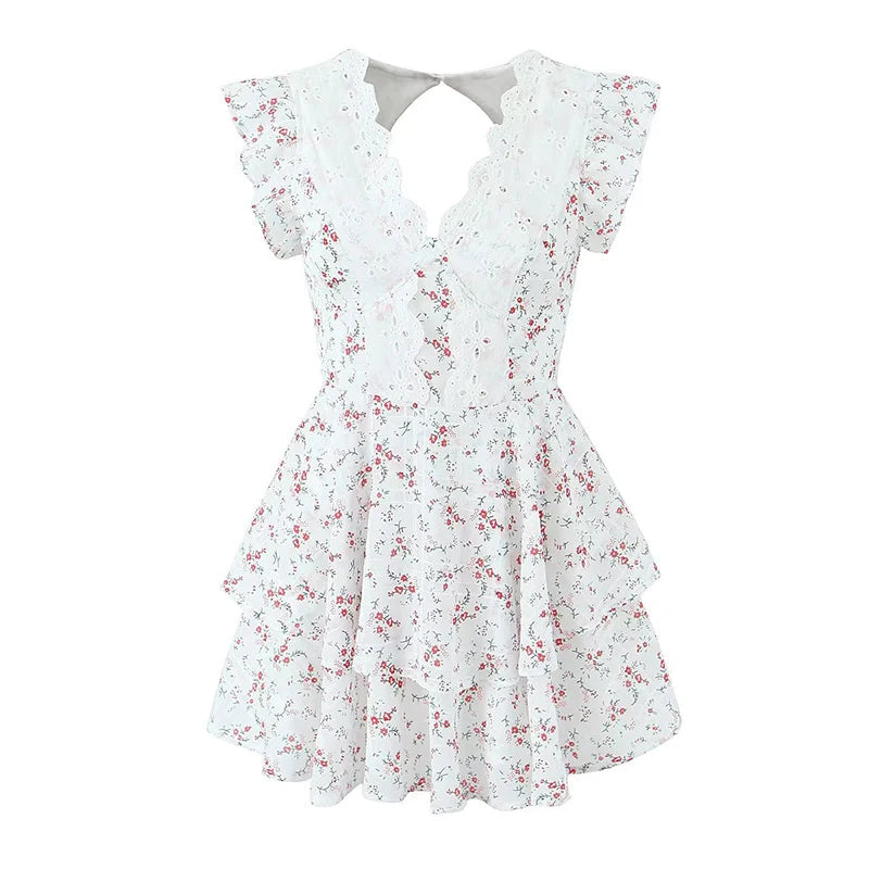 Aiertu  -  Summer Women Lace Embroidery Spliced Flying Sleeve V Neck Floral Print Mini Dresses Aiertu
