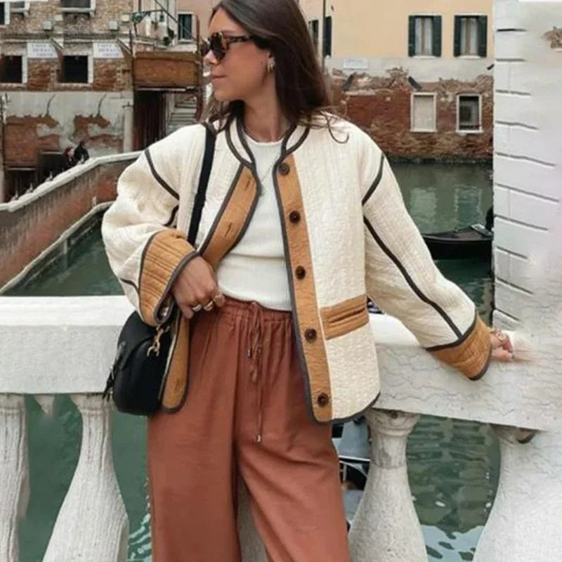Aiertu  -  Fashion Contrast Cotton Jacket Coat Women Single Breasted Splice Quilted Thermal Jacket Pocket Autumn Lady Casual Outwear Aiertu