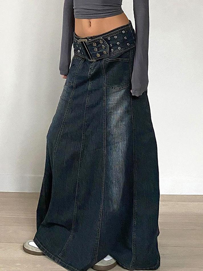 Aiertu  -Vintage Eyelet Belt A-Line Denim Skirt aiertu