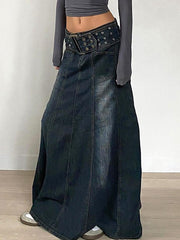 Aiertu  -Vintage Eyelet Belt A-Line Denim Skirt aiertu
