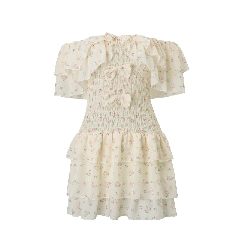 Aiertu  Off Shoulder Sexy Floral Print Mesh Bow Fashion A-line Bodycon Pleated Mini Dress Summer New Sweet Cute Party Vestidos Aiertu