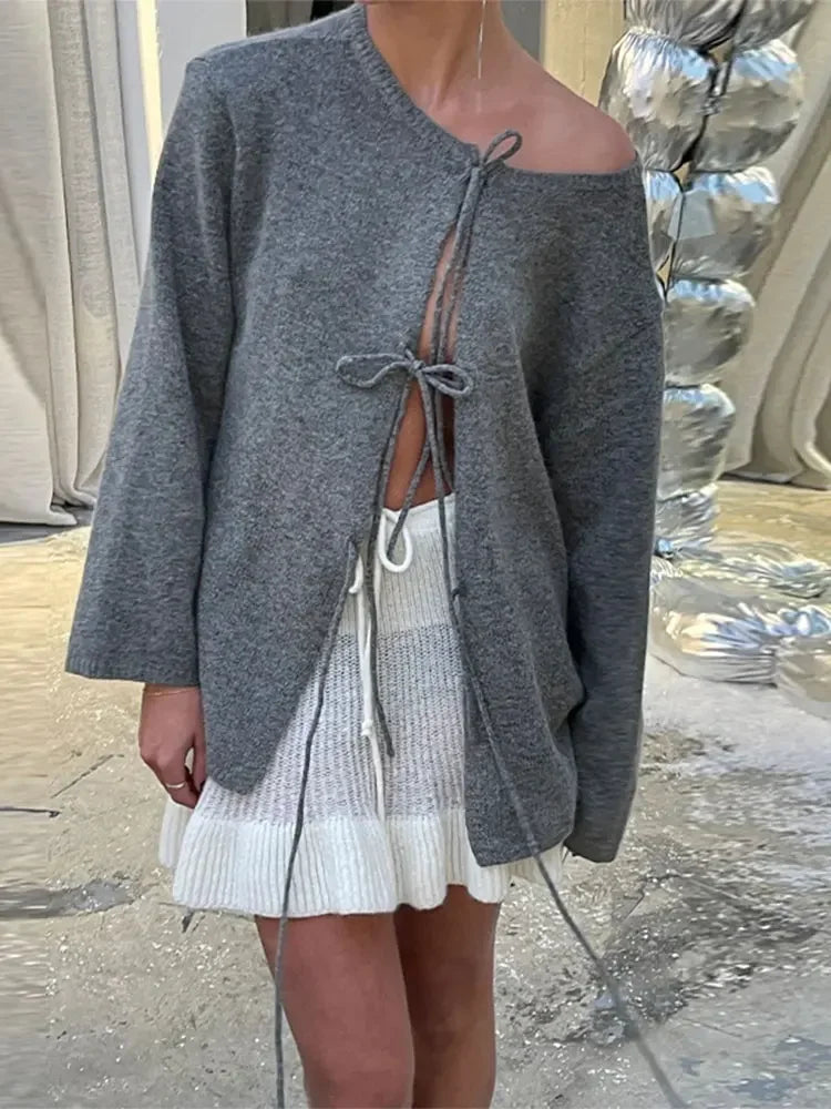 Aiertu  -  Chic Knitted Grey Lace Up Cardigan Women Casual Round Neck Long Sleeve Sweater 2026 Autumn Female Commuting Street Pullover Aiertu