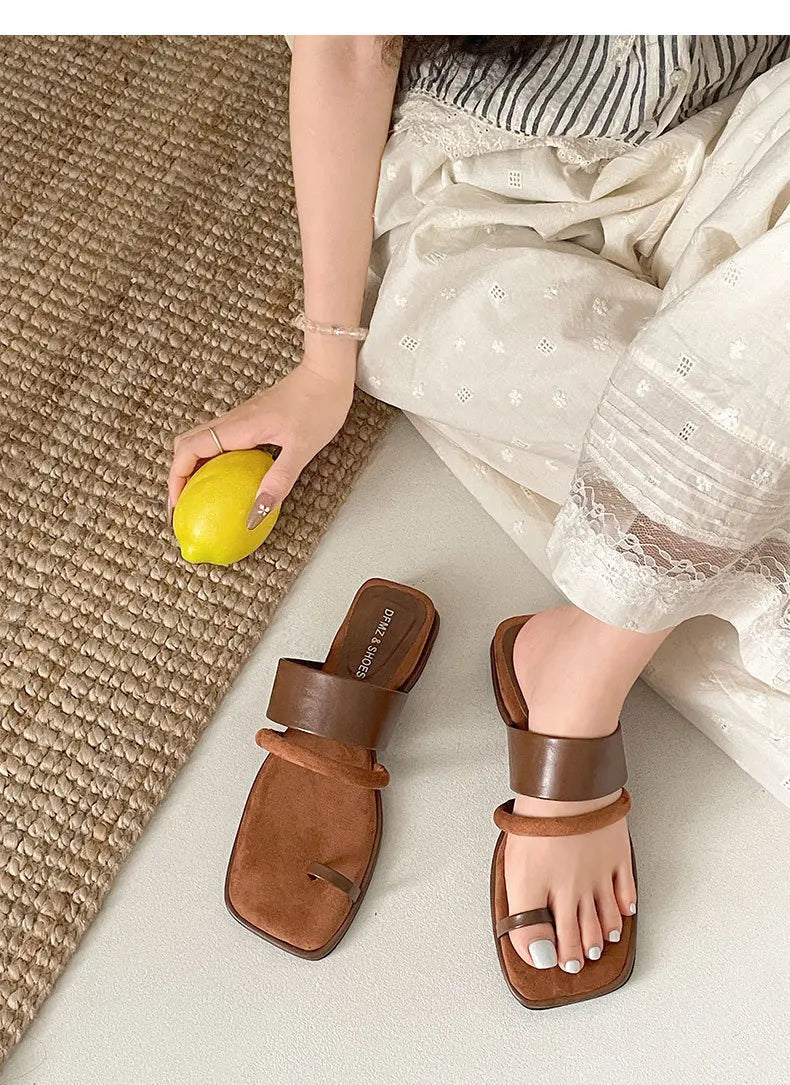 Aiertu  -  Summer Korean Style Flat Slippers New Square Head Lady Slippers Casual Outdoor Soft Non-slip One-word Cool Women Slippers Aiertu